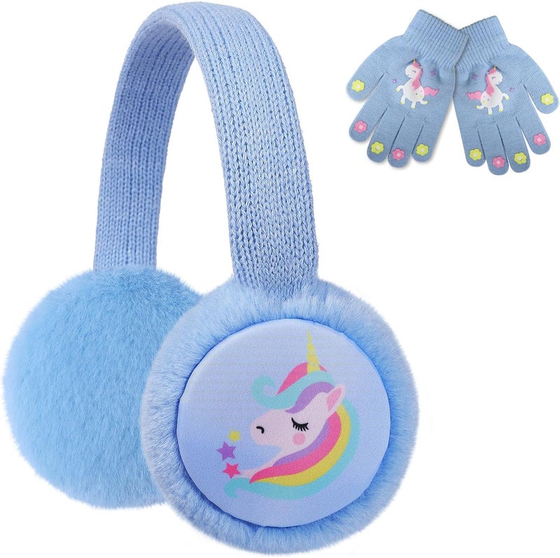 ACTLATI Kids Knit Unicorn Earmuffs and Gloves Set Girls Plush Ear Muffs Winter Outdoor Ear Warmers and Mittens Set - Image 1